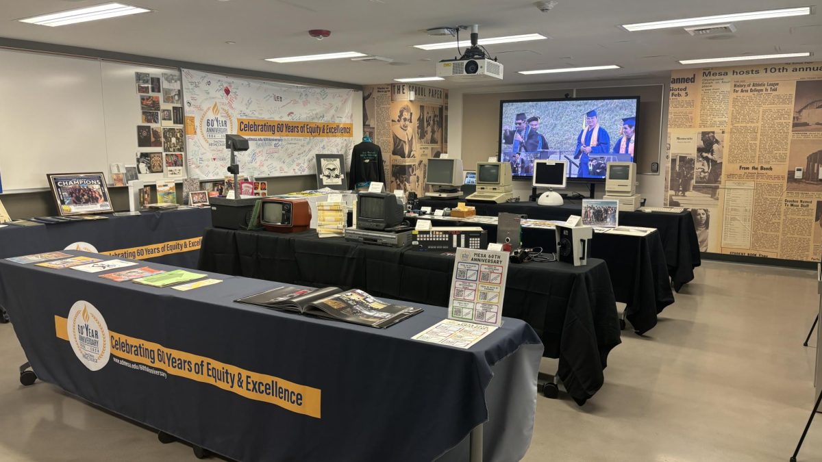 The Mesa College 60th Anniversary Exhibit showcased many artifacts from the school's history sent in by alumni and past and current teachers.