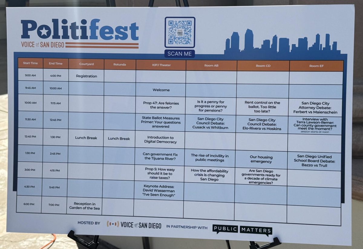 Politifest schedule board located outside the hall. 