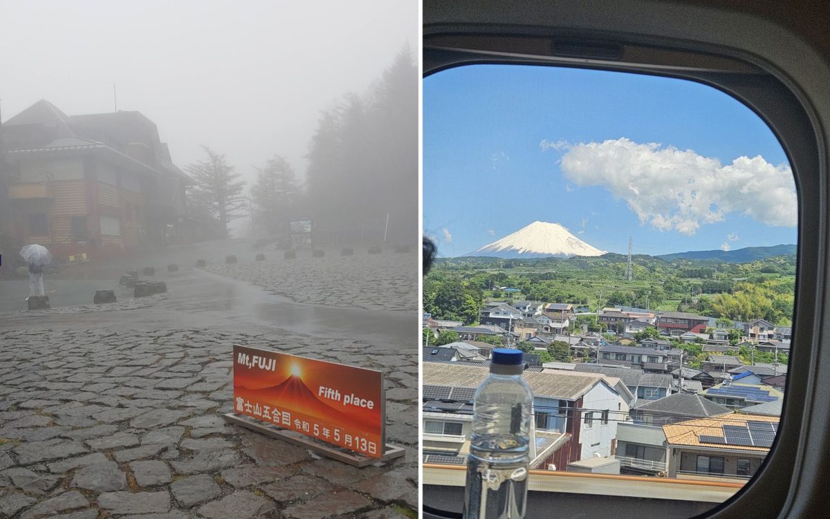 A view of Mount Fuji while standing on it, left, vs. 30 miles away on a train from Kyoto to Tokyo three days later.